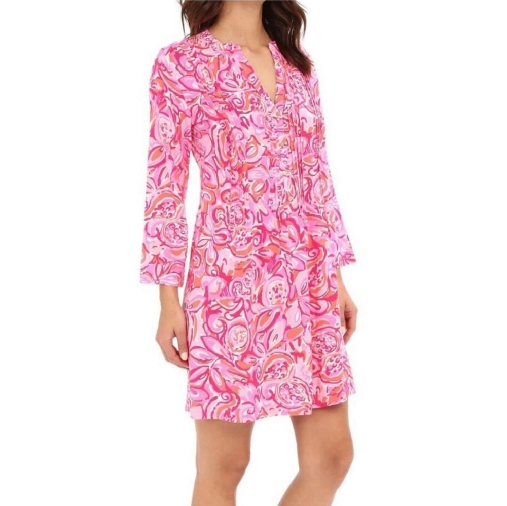 Lilly Pulitzer Sarasota Pintuck Tunic Dress in Pink Pout Mango Salsa Size XS